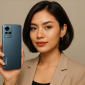 Seorang wanita sedang memegang HP Infinix RAM 8 GB Terbaru 2025, menampilkan desain elegan dan profesional, cocok untuk generasi muda yang mencari smartphone stylish dan bertenaga