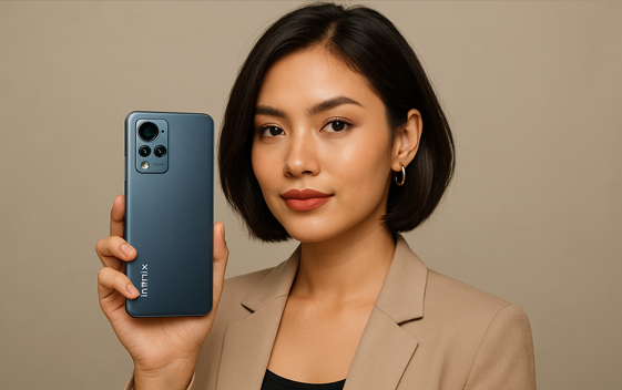 Seorang wanita sedang memegang HP Infinix RAM 8 GB Terbaru 2025, menampilkan desain elegan dan profesional, cocok untuk generasi muda yang mencari smartphone stylish dan bertenaga