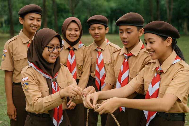 Sejumlah siswa SMP Indonesia mengenakan seragam Pramuka tengah aktif mengikuti kegiatan Hari Pramuka yang diperingati setiap tanggal 14 Agustus di alam terbuka, mencerminkan semangat kebersamaan, kedisiplinan, dan cinta tanah air yang menjadi nilai utama Gerakan Pramuka.