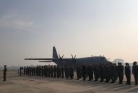 Apel persiapan pengiriman bantuan untuk warga Gaza di Lanud Halim Perdanakusuma, Jakarta Timur, Rabu (13/7/2025).