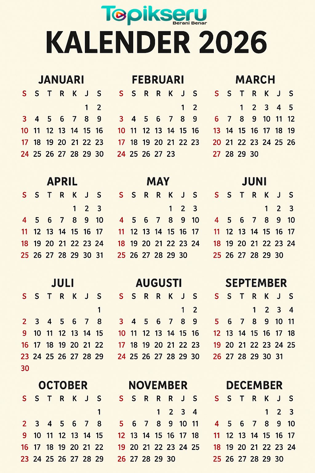 Kalender 2026 lengkap dengan Tanggal Merah