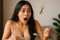 Seorang wanita tampak terkejut saat sedang makan, tiba-tiba seekor cicak jatuh di depannya. Momen ini menggambarkan situasi yang sering dikaitkan dengan arti mimpi kejatuhan cicak, yang dalam kepercayaan masyarakat memiliki beragam tafsir, mulai dari pertanda rezeki hingga isyarat datangnya masalah