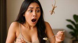 Seorang wanita tampak terkejut saat sedang makan, tiba-tiba seekor cicak jatuh di depannya. Momen ini menggambarkan situasi yang sering dikaitkan dengan arti mimpi kejatuhan cicak, yang dalam kepercayaan masyarakat memiliki beragam tafsir, mulai dari pertanda rezeki hingga isyarat datangnya masalah