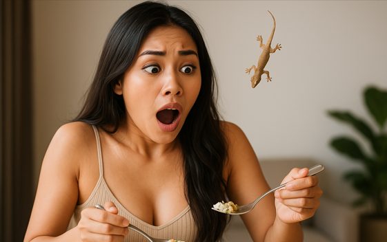 Seorang wanita tampak terkejut saat sedang makan, tiba-tiba seekor cicak jatuh di depannya. Momen ini menggambarkan situasi yang sering dikaitkan dengan arti mimpi kejatuhan cicak, yang dalam kepercayaan masyarakat memiliki beragam tafsir, mulai dari pertanda rezeki hingga isyarat datangnya masalah