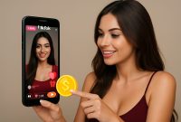 seorang cewek cantik dan stylish tengah aktif di siaran langsung TikTok sambil mengirimkan gift menggunakan Koin TikTok. Ilustrasi ini merepresentasikan bagaimana pengguna TikTok menggunakan mata uang virtual untuk mendukung konten kreator secara langsung dan interaktif