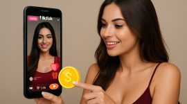 seorang cewek cantik dan stylish tengah aktif di siaran langsung TikTok sambil mengirimkan gift menggunakan Koin TikTok. Ilustrasi ini merepresentasikan bagaimana pengguna TikTok menggunakan mata uang virtual untuk mendukung konten kreator secara langsung dan interaktif