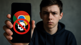 Ilustrasi tampilan ponsel Android dengan ikon Google Chrome terbuka, dikelilingi elemen visual tanda peringatan malware dan virus, menggambarkan risiko mengakses link bokeh Chrome 2024 Android tanpa perlindungan keamanan