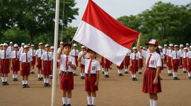 Anak-anak sekolah dasar sedang mengikuti upacara bendera dengan khidmat. Momen ini sering diiringi dengan Lirik Lagu 17 Agustus seperti “Hari Merdeka” yang menggugah semangat nasionalisme sejak usia dini. Upacara ini mengajarkan nilai cinta tanah air, penghargaan terhadap jasa pahlawan, serta pentingnya menjaga persatuan Indonesia.
