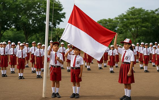 Anak-anak sekolah dasar sedang mengikuti upacara bendera dengan khidmat. Momen ini sering diiringi dengan Lirik Lagu 17 Agustus seperti “Hari Merdeka” yang menggugah semangat nasionalisme sejak usia dini. Upacara ini mengajarkan nilai cinta tanah air, penghargaan terhadap jasa pahlawan, serta pentingnya menjaga persatuan Indonesia.