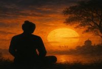 Siluet seseorang sedang bertirakat atau bersemedi di malam hari, dengan suasana sunyi dan mistis khas Malam Jumat 29 Suro 1959 Dal dalam tradisi Jawa. Cocok untuk mendukung artikel spiritual, budaya Jawa, dan peristiwa penting dalam kalender Jawa.
