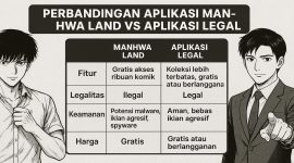 Perbandingan Manhwa Land APK vs aplikasi legal seperti LINE Webtoon dan MANGA Plus, membahas kelebihan, kekurangan, keamanan, serta dukungan untuk kreator komik