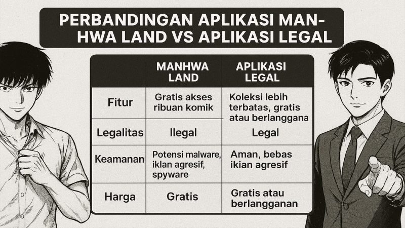 Perbandingan Manhwa Land APK vs aplikasi legal seperti LINE Webtoon dan MANGA Plus, membahas kelebihan, kekurangan, keamanan, serta dukungan untuk kreator komik