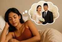 Seorang wanita  tertidur lelap dengan ekspresi damai, menggambarkan momen mimpi menikah yang penuh harapan. Dalam bayangannya terlihat dirinya mengenakan gaun pengantin putih elegan, berdampingan dengan pria idamannya di pelaminan. 