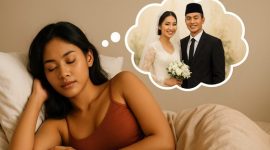 Seorang wanita  tertidur lelap dengan ekspresi damai, menggambarkan momen mimpi menikah yang penuh harapan. Dalam bayangannya terlihat dirinya mengenakan gaun pengantin putih elegan, berdampingan dengan pria idamannya di pelaminan. 