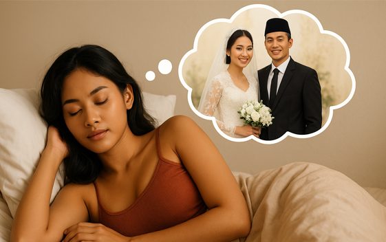 Seorang wanita  tertidur lelap dengan ekspresi damai, menggambarkan momen mimpi menikah yang penuh harapan. Dalam bayangannya terlihat dirinya mengenakan gaun pengantin putih elegan, berdampingan dengan pria idamannya di pelaminan. 