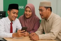 ilsutrasi Seorang siswa madrasah Indonesia bersama orang tuanya sedang mengecek pencairan PIP Madrasah 2025 di bank. Ilustrasi ini menggambarkan proses penerimaan bantuan pendidikan dari Kementerian Agama untuk mendukung biaya sekolah siswa MI, MTs, hingga MA