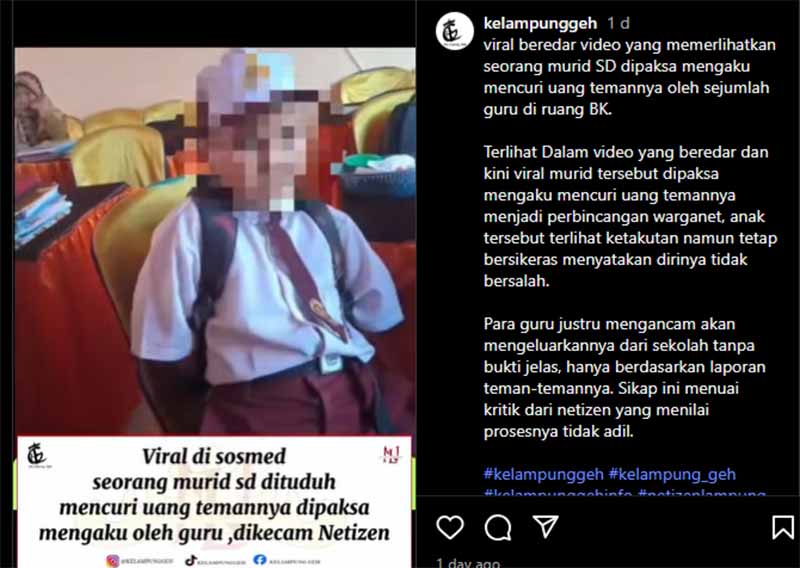 beredar video viral yang memerlihatkan seorang murid SD dipaksa mengaku mencuri uang temannya oleh sejumlah guru di ruang BK.