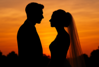 Ilustrasi siluet pasangan pengantin romantis untuk mempercantik artikel tentang Tanggal Pernikahan 2026, menghadirkan suasana penuh cinta dan kehangatan di momen istimewa