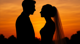Ilustrasi siluet pasangan pengantin romantis untuk mempercantik artikel tentang Tanggal Pernikahan 2026, menghadirkan suasana penuh cinta dan kehangatan di momen istimewa