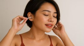 Ilustrasi seorang wanita Indonesia cantik sedang membersihkan telinganya. Gambar ini relevan untuk artikel kesehatan tentang Warna Kotoran Telinga dan artinya bagi kondisi kesehatan, mulai dari kuning pucat, cokelat, hingga hitam