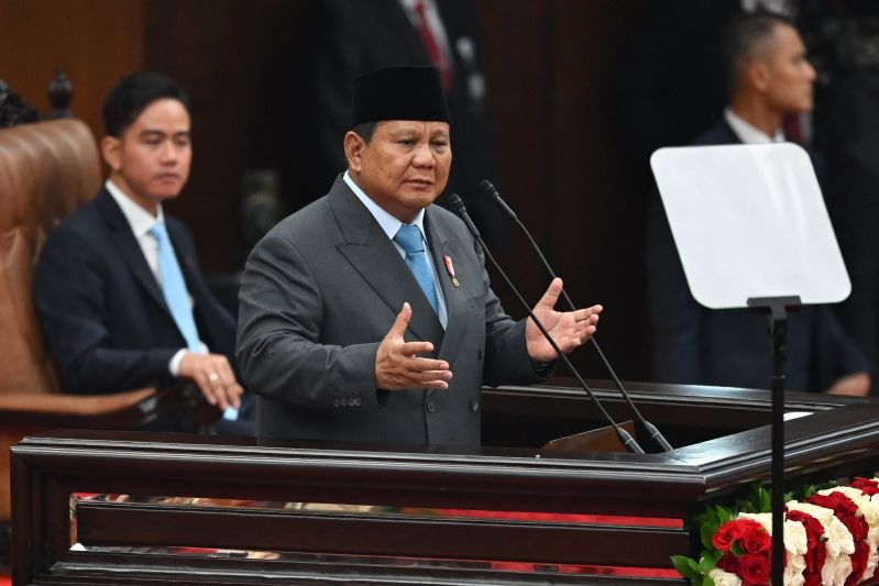 Presiden Prabowo Subianto menyampaikan pidato dalam Sidang Tahunan MPR RI dan Sidang Bersama DPR-DPD RI Tahun 2025 di Gedung Nusantara, Kompleks Parlemen, Jakarta, Jumat (15/8/2025)