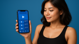 Seorang wanita sedang memegang ponsel dengan antarmuka mirip YouTube Biru berwarna dominan biru, merepresentasikan fitur premium tanpa iklan dan tampilan eksklusif aplikasi modifikasi populer ini