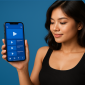 Seorang wanita sedang memegang ponsel dengan antarmuka mirip YouTube Biru berwarna dominan biru, merepresentasikan fitur premium tanpa iklan dan tampilan eksklusif aplikasi modifikasi populer ini