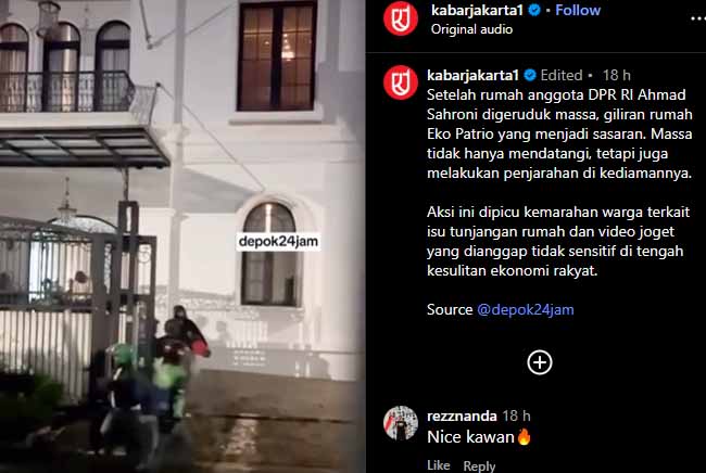 giliran rumah politikus PAN Eko Hendro Purnomo alias Eko Patrio dan anggota DPR RI Uya Kuya yang ikut kena geruduk massa. Video soal penjarahan di rumah Eko beredar luas di media sosial.