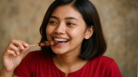 Seorang perempuan memakan Sate yang menjadi  salah satu Rekomendasi Makanan Khas Indonesia
