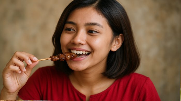 Seorang perempuan memakan Sate yang menjadi  salah satu Rekomendasi Makanan Khas Indonesia