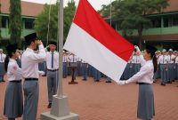 Momen pelaksanaan upacara 17 Agustus oleh sekelompok siswa SMA yang berdiri tegap mengikuti jalannya upacara bendera di lapangan sekolah. Cocok digunakan untuk artikel atau konten bertema Hari Kemerdekaan RI, pendidikan, atau kegiatan nasionalisme di sekolah
