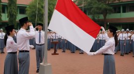 Momen pelaksanaan upacara 17 Agustus oleh sekelompok siswa SMA yang berdiri tegap mengikuti jalannya upacara bendera di lapangan sekolah. Cocok digunakan untuk artikel atau konten bertema Hari Kemerdekaan RI, pendidikan, atau kegiatan nasionalisme di sekolah