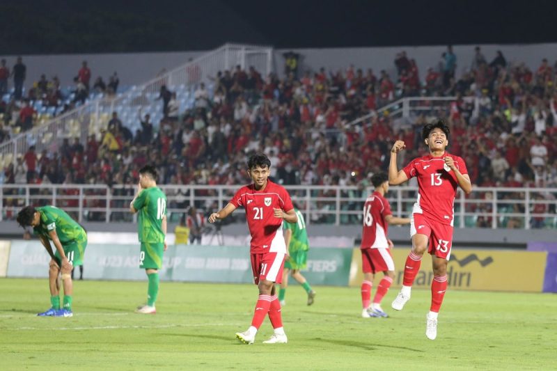 Selebrasi Zanadin Fariz dalam laga Kualifikasi Piala Asia U23 2026 antara Timnas U23 Indonesia vs Makau di Gelora Delta Sidoarjo, Sabtu (6/9/2025). Foto: Kompas.com