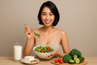 Seorang wanita sedang menikmati makanan sehat berupa salad segar, susu, dan sayuran hijau sebagai bagian dari gaya hidup Diet Lacto-Vegetarian yang menyehatkan tubuh dan menjaga pola makan seimbang.