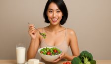 Seorang wanita sedang menikmati makanan sehat berupa salad segar, susu, dan sayuran hijau sebagai bagian dari gaya hidup Diet Lacto-Vegetarian yang menyehatkan tubuh dan menjaga pola makan seimbang.