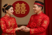 Sepasang kekasih mengenakan pakaian adat Tionghoa saat melangsungkan pernikahan. Foto ini menggambarkan keharmonisan dan keberuntungan dalam menjalani rumah tangga dengan memilih tanggal baik menikah menurut Feng Shui 2026. Nuansa tradisi, cinta, dan doa restu keluarga menjadi simbol penting dalam menciptakan kehidupan pernikahan yang harmonis