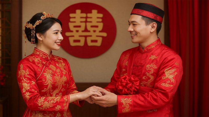 Sepasang kekasih mengenakan pakaian adat Tionghoa saat melangsungkan pernikahan. Foto ini menggambarkan keharmonisan dan keberuntungan dalam menjalani rumah tangga dengan memilih tanggal baik menikah menurut Feng Shui 2026. Nuansa tradisi, cinta, dan doa restu keluarga menjadi simbol penting dalam menciptakan kehidupan pernikahan yang harmonis