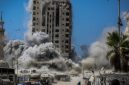 Ilustrasi pemboman Israel terhadap Menara Mushtaha di Jalur Gaza.