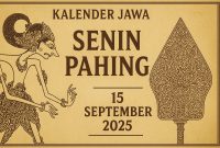 Ilustrasi Kalender Jawa 15 September 2025 dengan nuansa budaya Jawa yang menampilkan ornamen wayang, simbol tradisional, serta sentuhan klasik khas Jawa. Gambar ini mencerminkan perhitungan weton Senin Pahing yang penuh makna spiritual dan filosofi mendalam