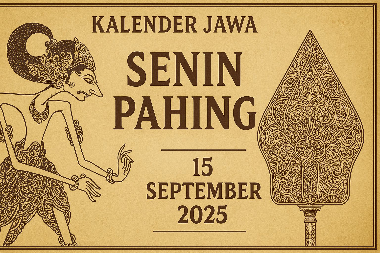 Kalender Jawa 15 September 2025 dengan nuansa wayang dan ornamen budaya Jawa tradisional