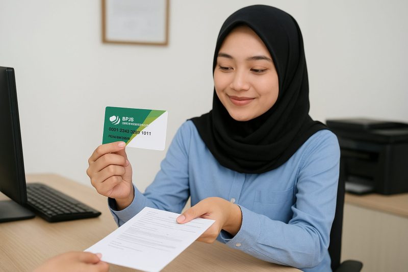 Seorang wanita muda sedang mengurus pencetakan Kartu BPJS Ketenagakerjaan di kantor pelayanan, tampak fokus dan teliti dalam proses administrasi