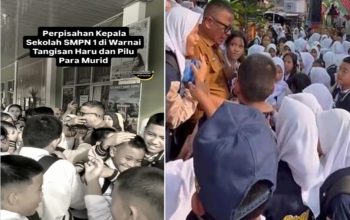 Perpisahan Kepala Sekolah SMPN 1 Prabumulih Roni Ardiansyah dengan murid, penuh tangisan haru dan pelukan siswa setelah pemecatan mendadak.