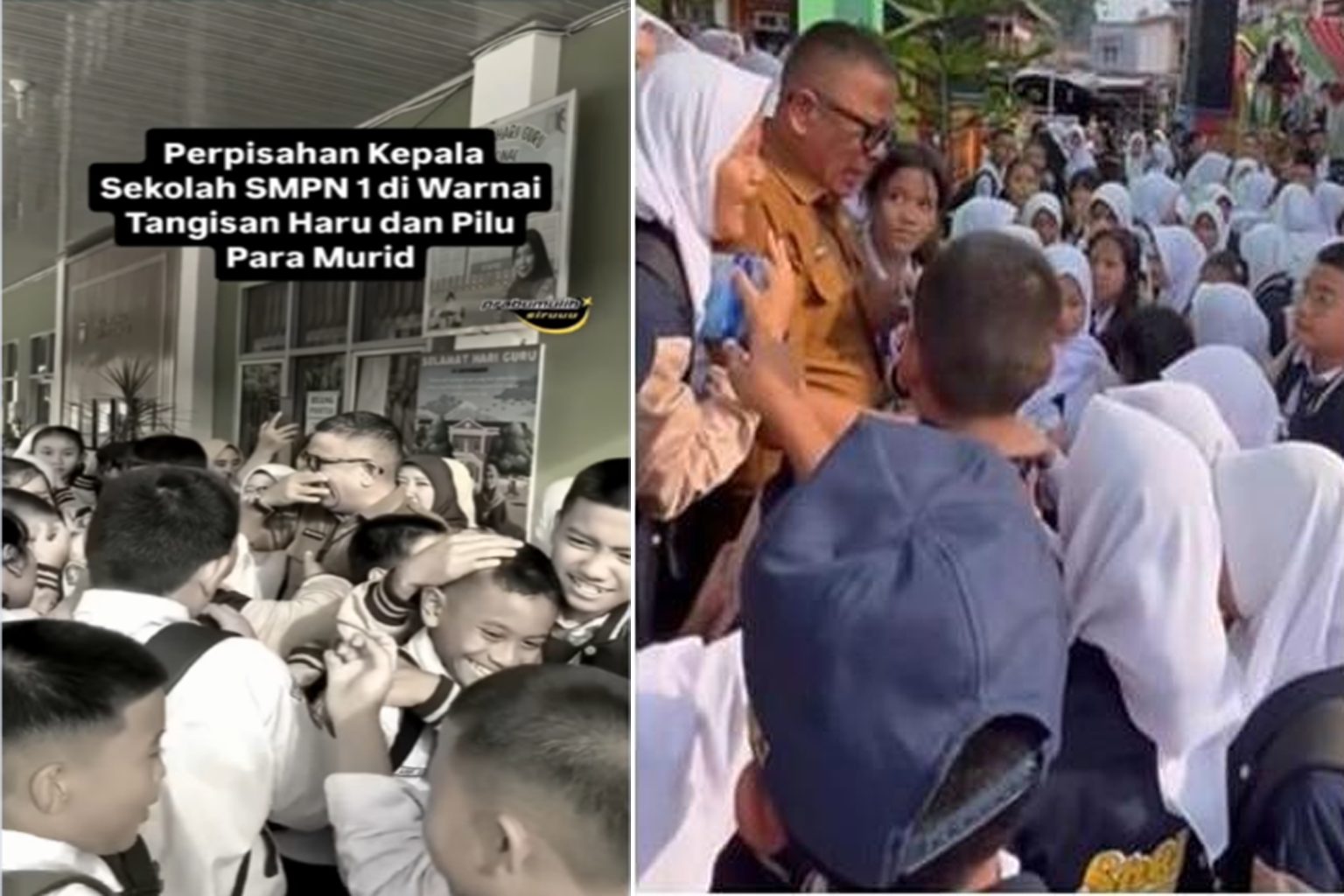 Perpisahan Kepala Sekolah SMPN 1 Prabumulih Roni Ardiansyah dengan murid, penuh tangisan haru dan pelukan siswa setelah pemecatan mendadak.