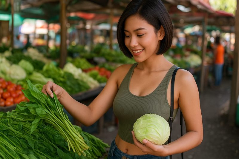 Seorang wanita sedang memilih sayuran segar di pasar tradisional. Aktivitas ini menunjukkan pentingnya ketelitian dalam memilih sayuran sehat, segar, dan berkualitas untuk menjaga kesehatan tubuh