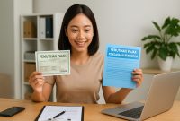 ilustrasi Seorang wanita sedang mengurus Pemutihan Pajak Kendaraan Bermotor 2025 dengan membawa dokumen resmi di kantor layanan pajak. Program ini membantu masyarakat mendapatkan keringanan denda dan kemudahan administrasi balik nama kendaraan