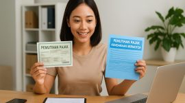 ilustrasi Seorang wanita sedang mengurus Pemutihan Pajak Kendaraan Bermotor 2025 dengan membawa dokumen resmi di kantor layanan pajak. Program ini membantu masyarakat mendapatkan keringanan denda dan kemudahan administrasi balik nama kendaraan