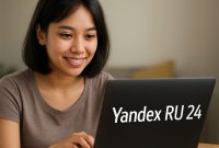 ilstrasi: Seorang wanita sedang menonton film di laptop menggunakan Yandex RU 24, menunjukkan kemudahan streaming film Jepang, Korea, dan Indonesia tanpa VPN.