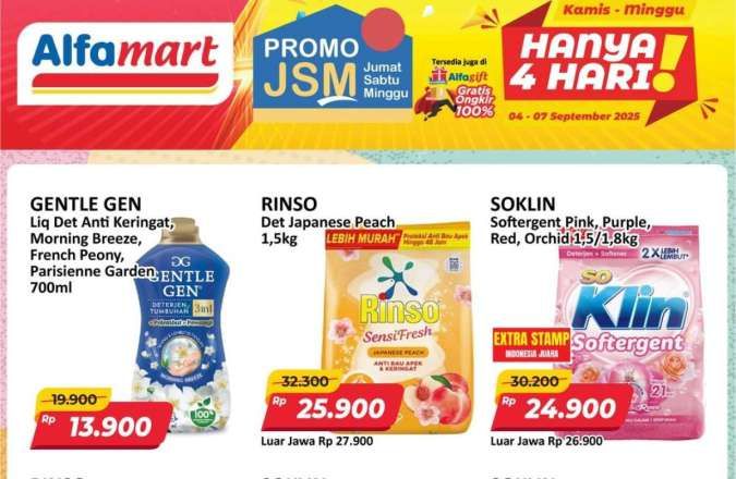 Belanja Murah Promo Akhir Pekan di JSM Alfamart 6-7 September 2025 memberikan harga spesial untuk deterjen Rinso dan So Klin. Cek promo es krim dan minyak goreng terbaru di Alfamart.