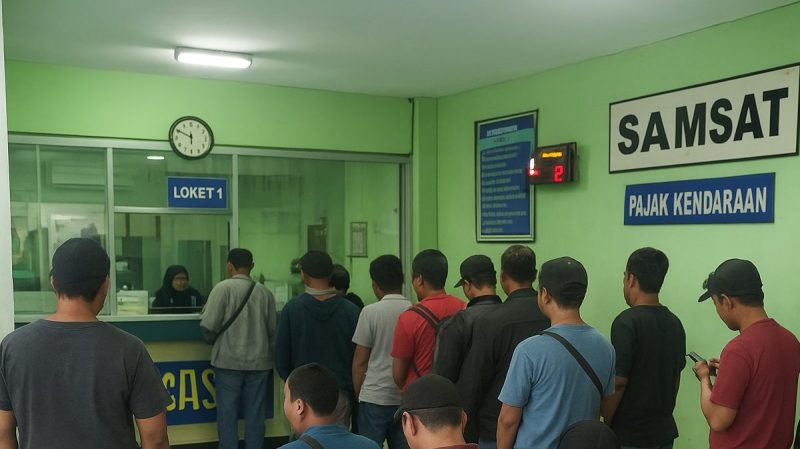 Ilustrasi: Warga sedang mengantri di kantor Samsat untuk mengurus biaya ganti plat motor lima tahunan, termasuk perpanjangan STNK dan cek fisik kendaraan. Proses ini merupakan kewajiban pemilik kendaraan agar data administrasi tetap valid sesuai aturan pemerintah.