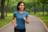 Seorang wanita  sedang olahraga jalan kaki di taman hijau yang asri. Aktivitas jalan kaki ini menjadi pilihan sederhana namun efektif untuk menjaga kesehatan tubuh dan kebugaran setiap hari